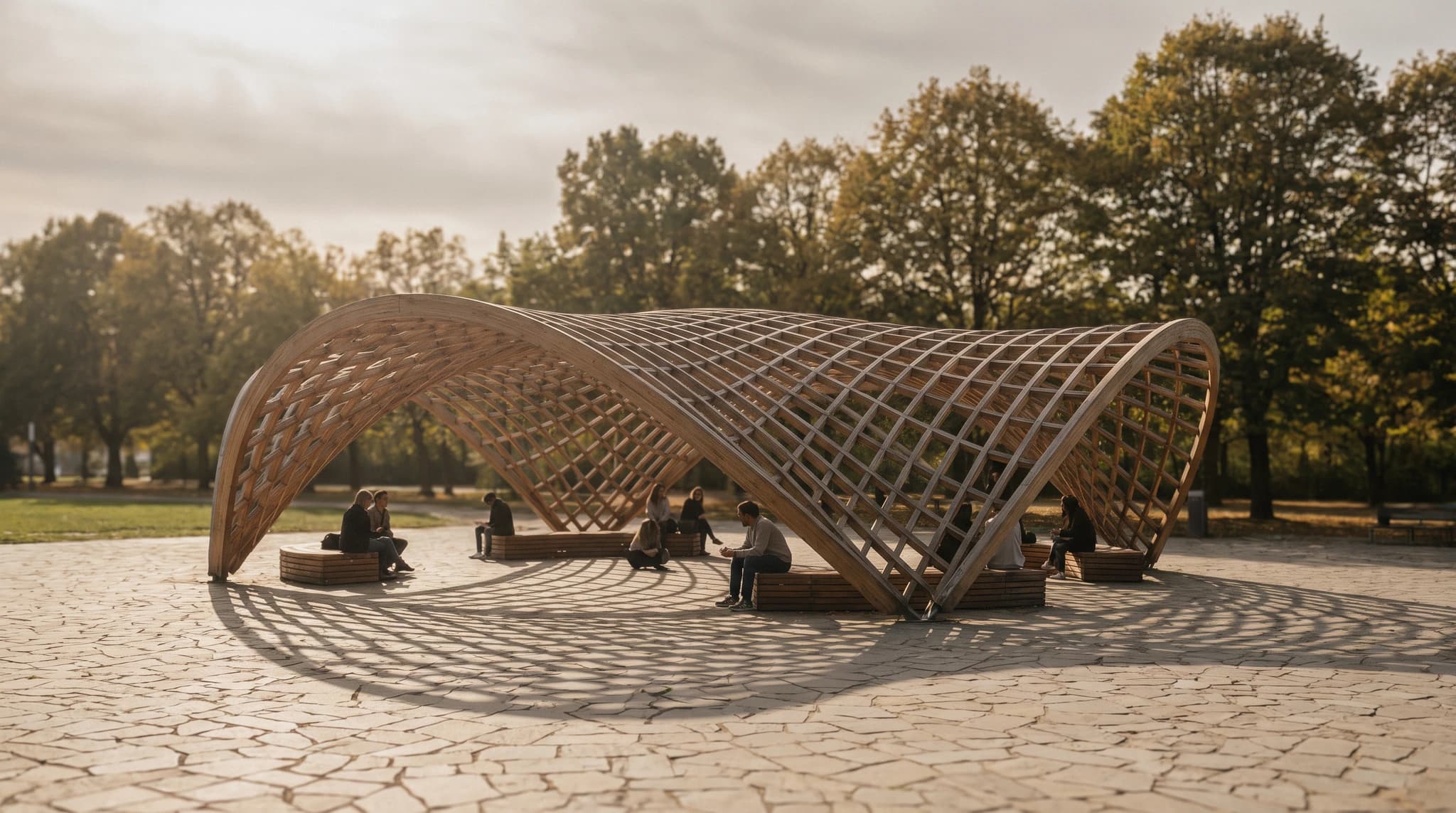 Render of a faceted parametric building in an urban plaza.