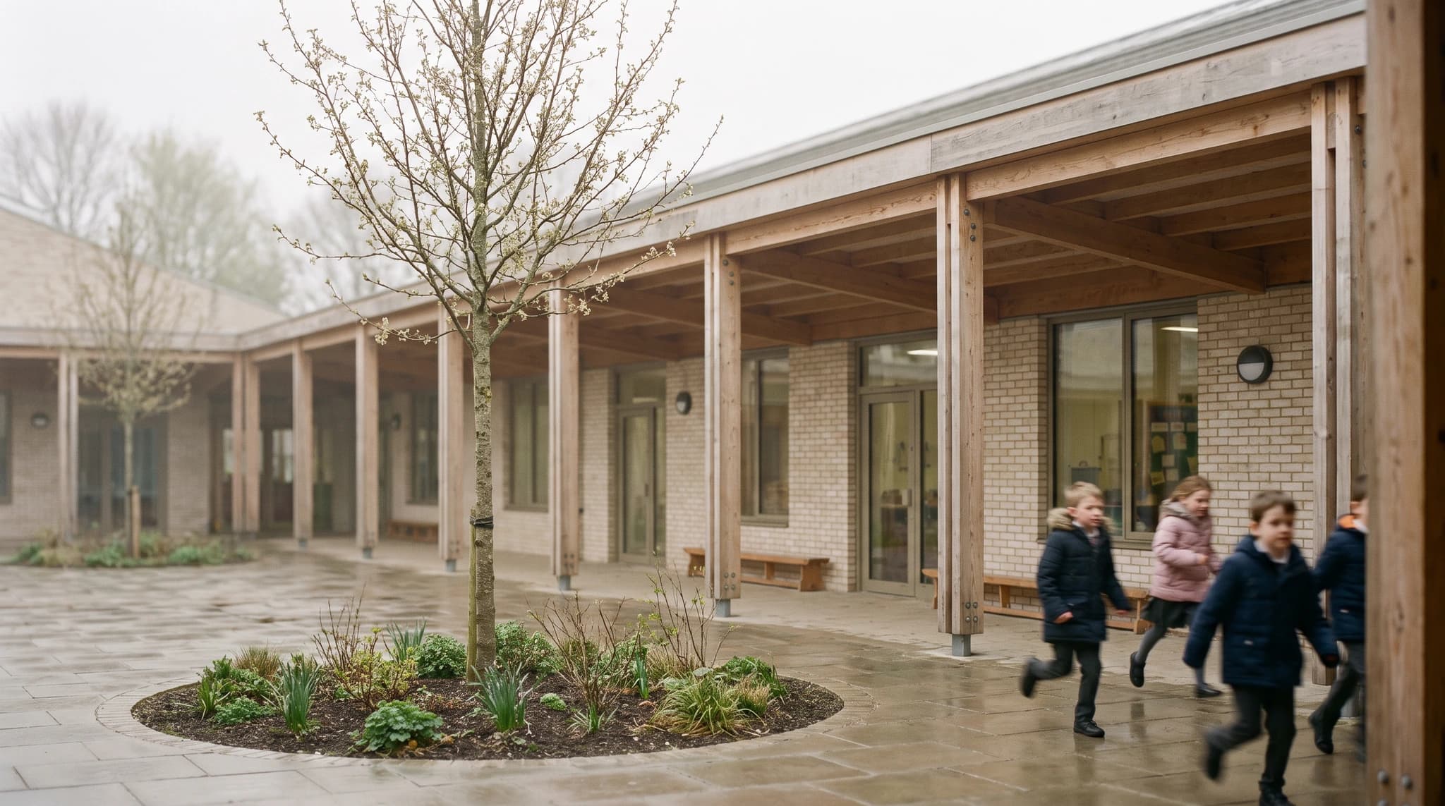 Render of a contemporary school building with a landscaped approach.