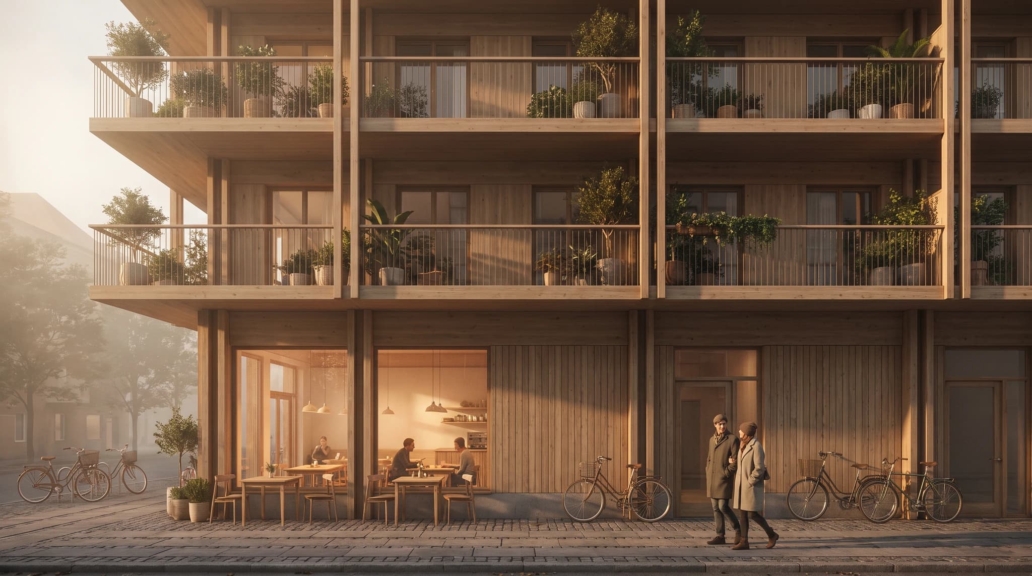 Street-level architectural render with pedestrians and planted edges.