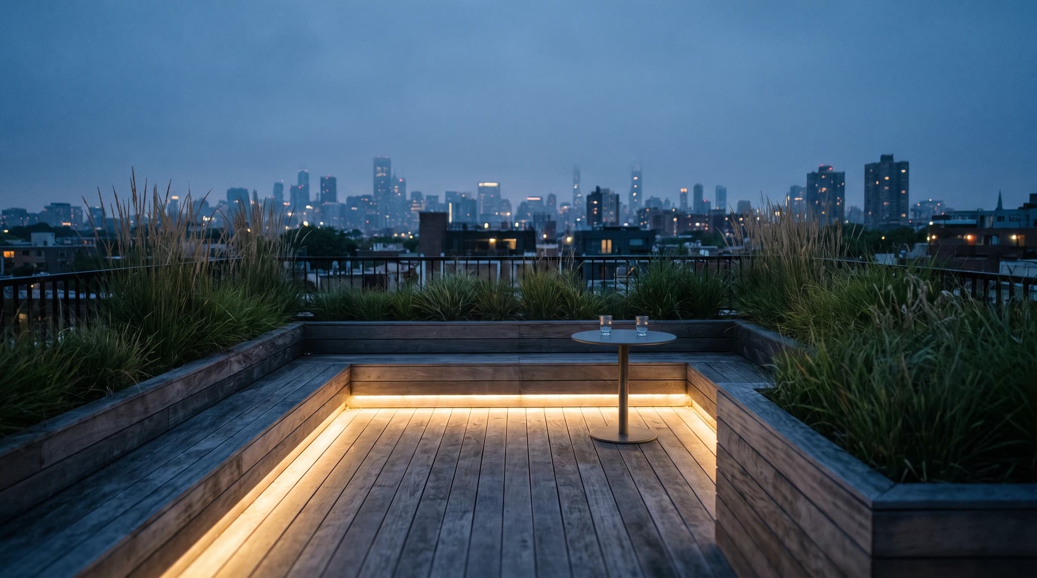 Warm evening render of a planted residential terrace.