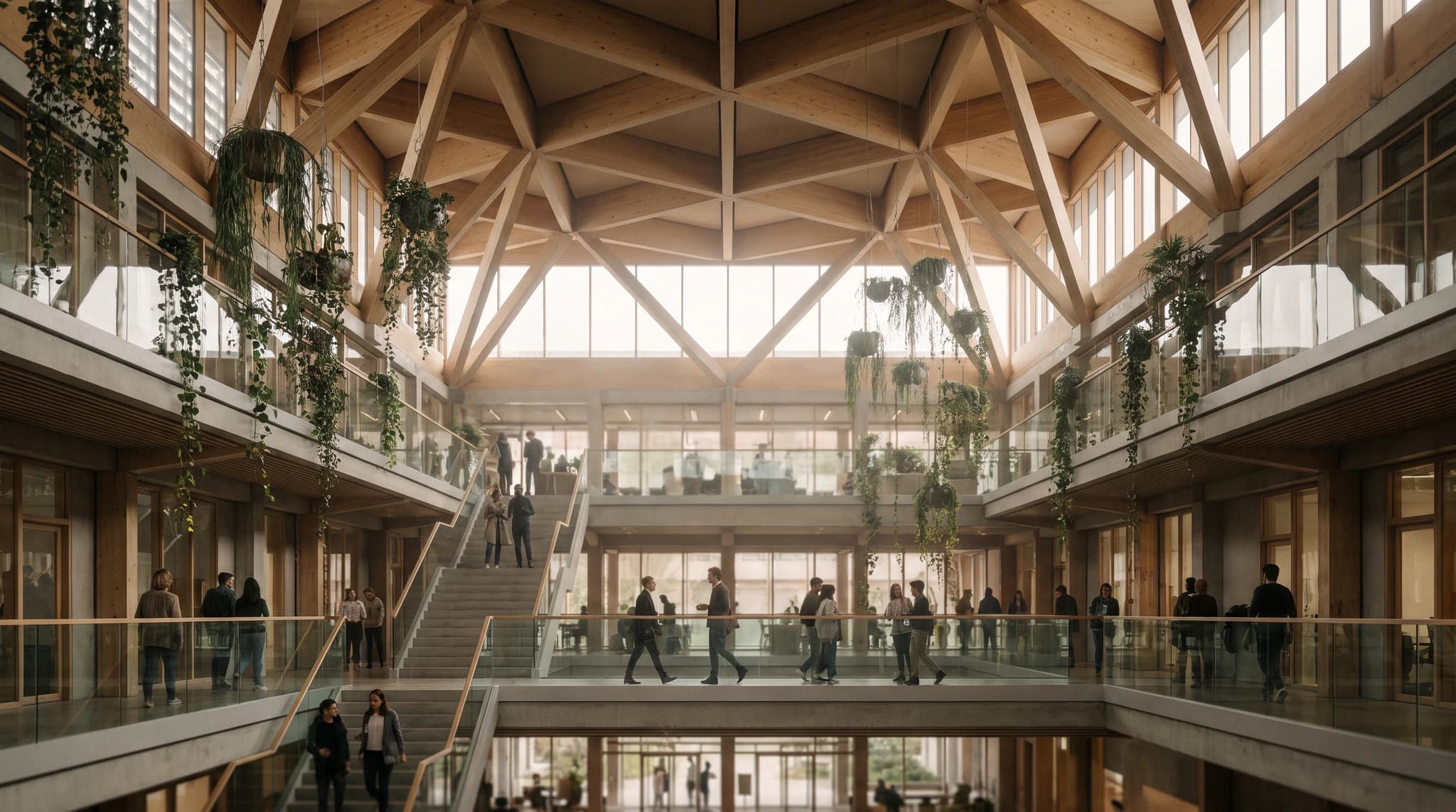 Daylit atrium render with concrete structure and indoor planting.