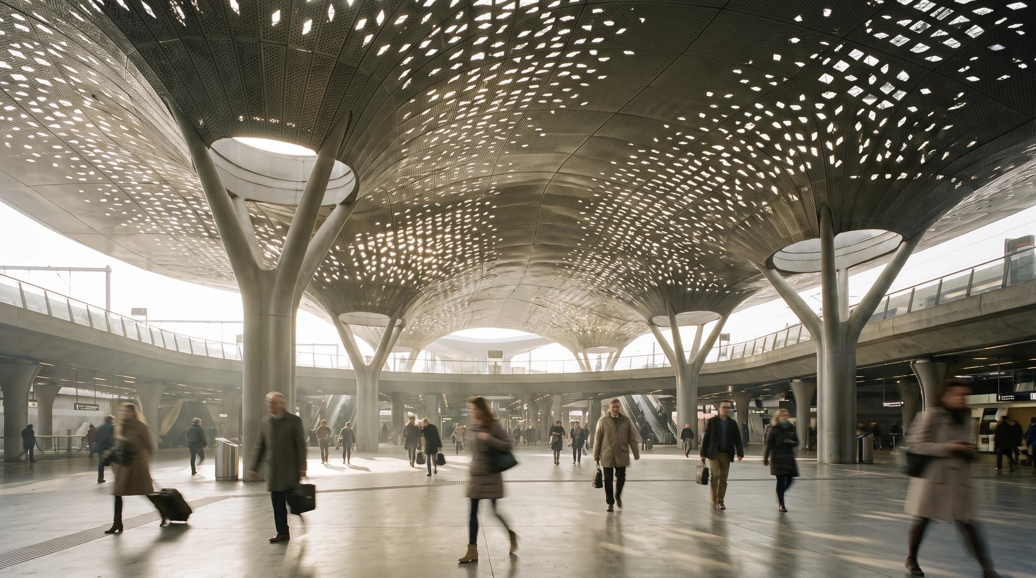 Architectural render of a timber canopy in a green public space.