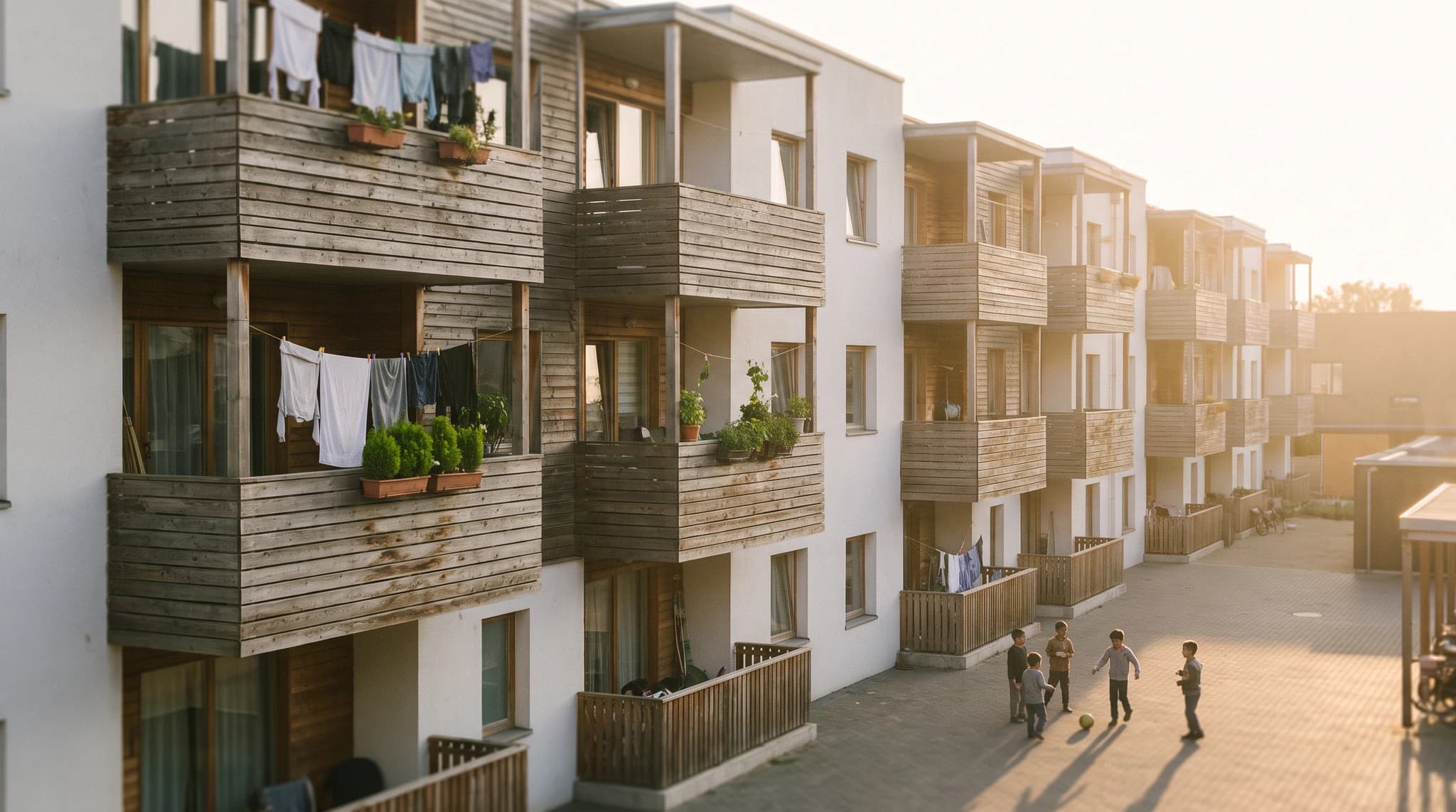 Architectural render of a residential housing block in daylight.