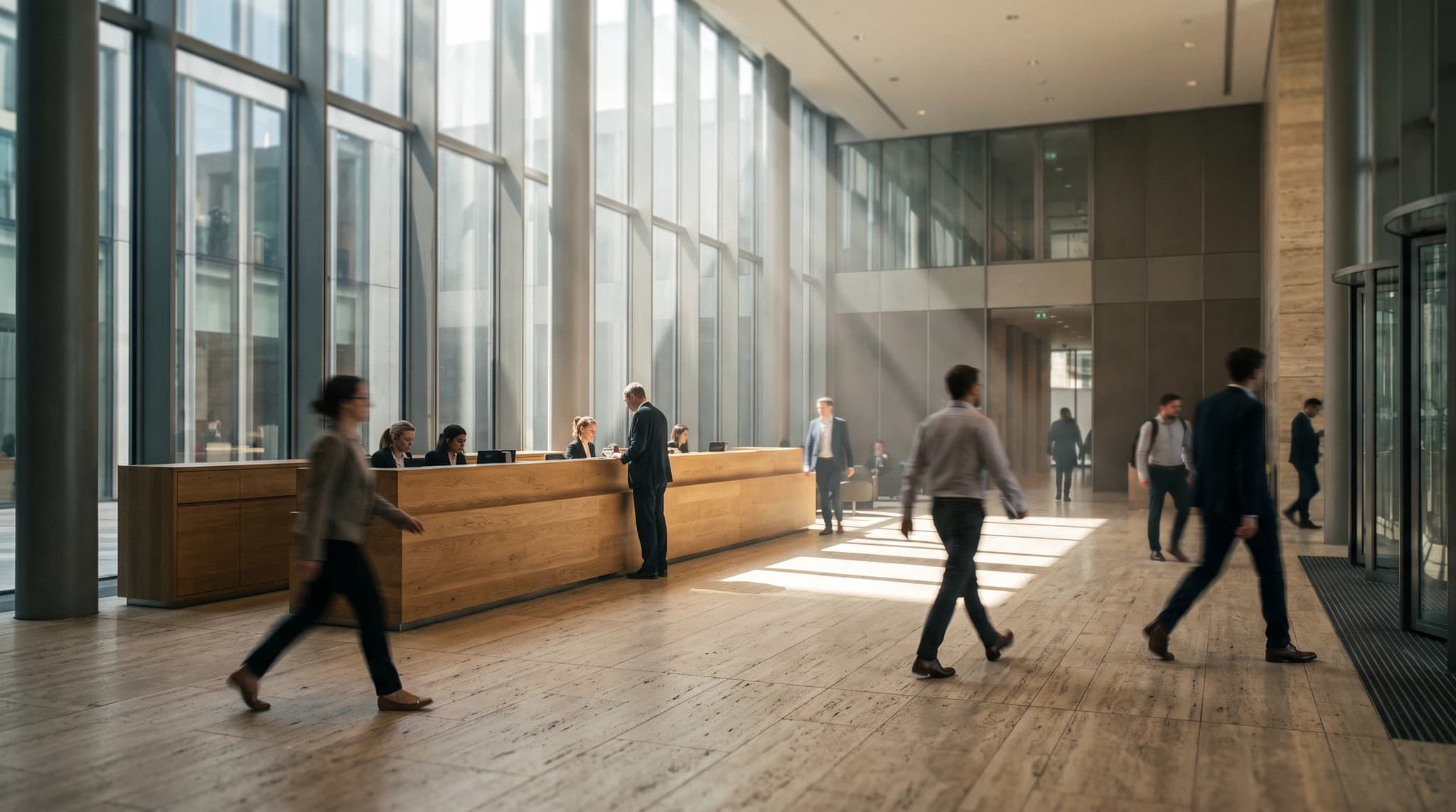 Interior architectural render of a bright contemporary lobby.