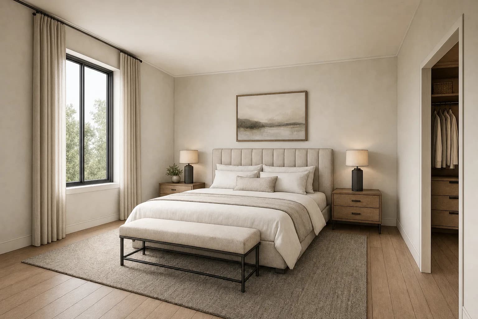 Restyled bedroom concept with new bedding, lighting, and finishes, illustrating an AI photo restyle.